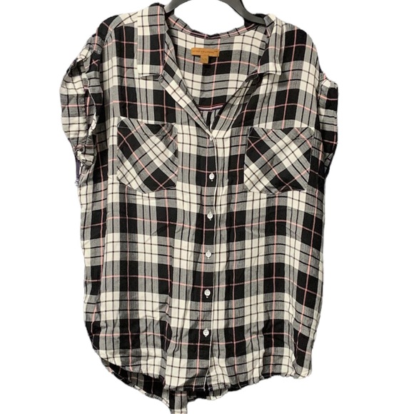 JACHS Girlfriend Tops - Jachs Girlfriend Top Button Front Plaid Lightweight Black White Pink XXL